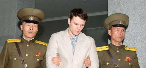 Otto Frederick Warmbier (C), a University of Virginia student who was detained in North Korea since early January, is taken to North Korea's top court in Pyongyang, North Korea, in this photo released by Kyodo March 16, 2016. Mandatory credit REUTERS/Kyodo/File Photo