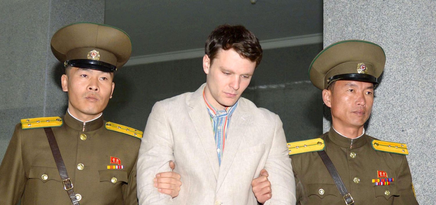 Otto Frederick Warmbier (C), a University of Virginia student who was detained in North Korea since early January, is taken to North Korea's top court in Pyongyang, North Korea, in this photo released by Kyodo March 16, 2016. Mandatory credit REUTERS/Kyodo/File Photo