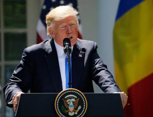 U.S. President Donald Trump addresses a joint news conference with Romanian President Klaus Iohannis in the Rose Garden at the White House in Washington, U.S. June 9, 2017. REUTERS/Jonathan Ernst - RTX39W0U