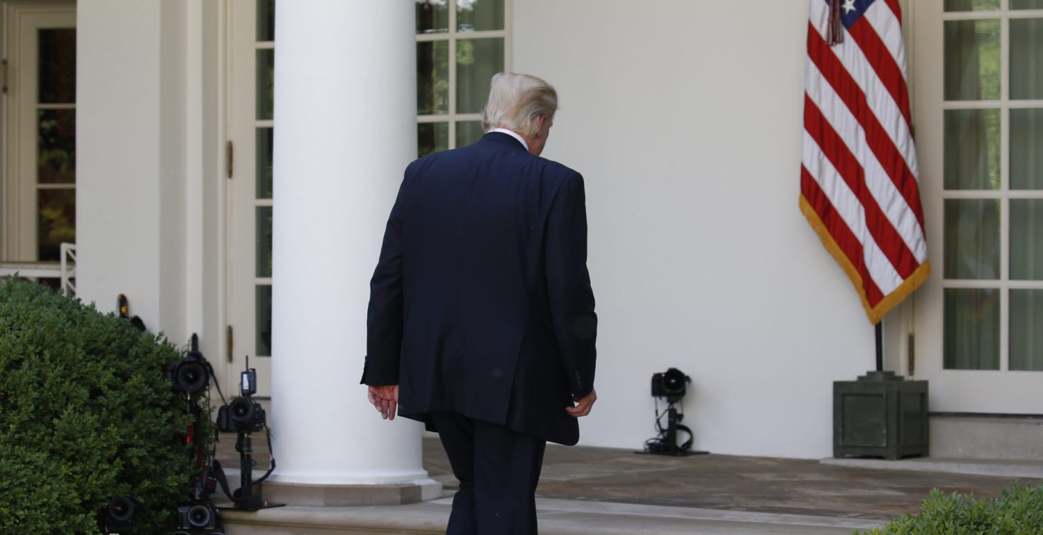 U.S. President Donald Trump departs after announcing his decision that the United States will withdraw from the Paris Climate Agreement, in the Rose Garden of the White House in Washington, U.S., June 1, 2017. REUTERS/Joshua Roberts - RTX38LPW