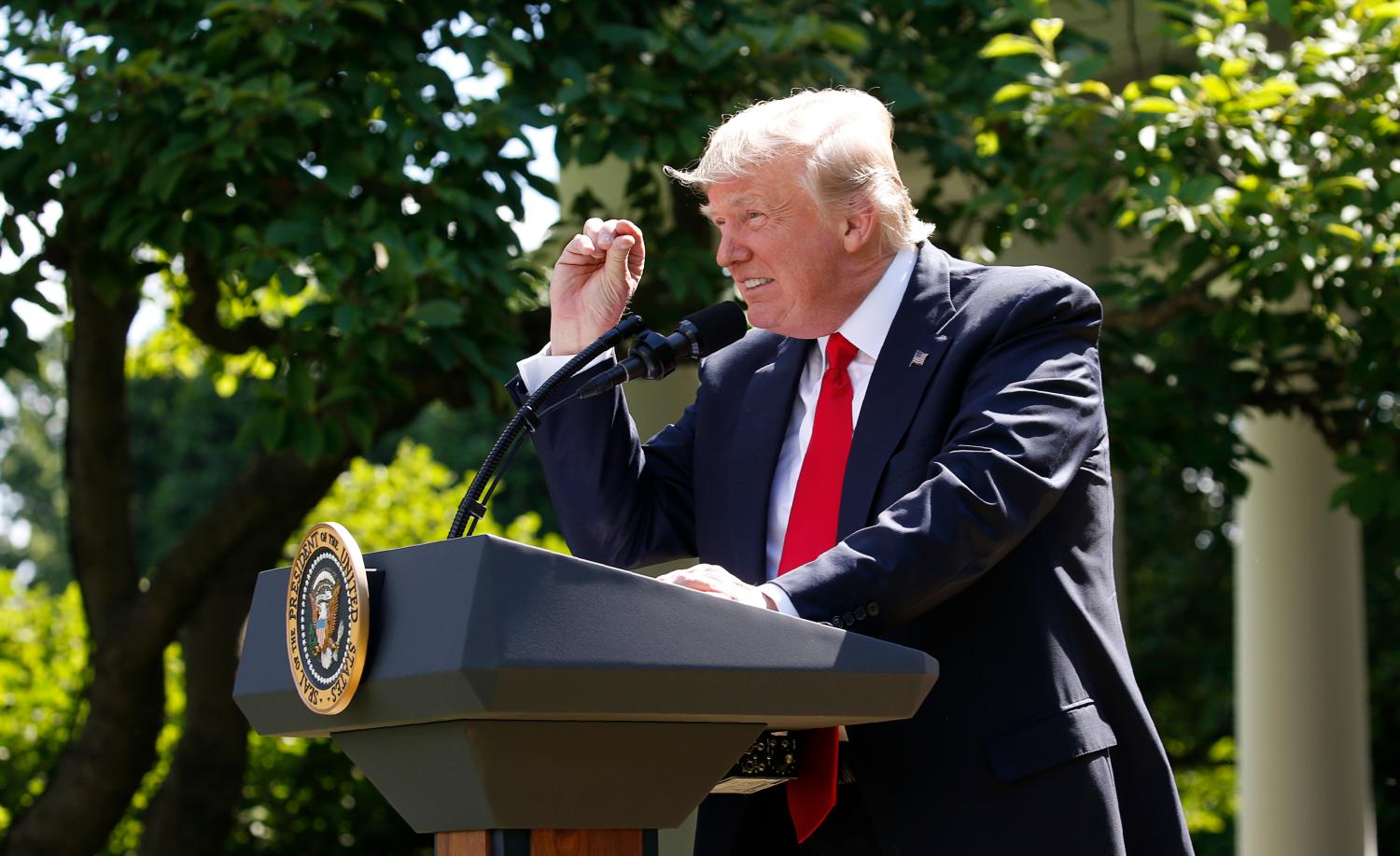 U.S. President Donald Trump refers to amounts of temperature change as he announces his decision that the United States will withdraw from the landmark Paris Climate Agreement, in the Rose Garden of the White House in Washington, U.S., June 1, 2017.