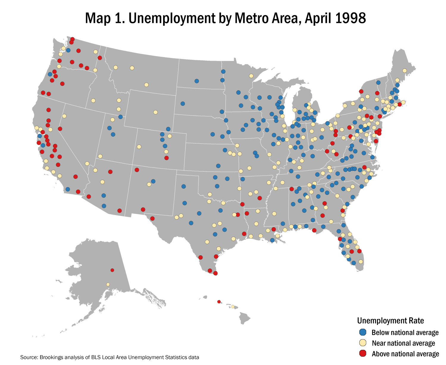 Map of unemployment by metro area, April 1998