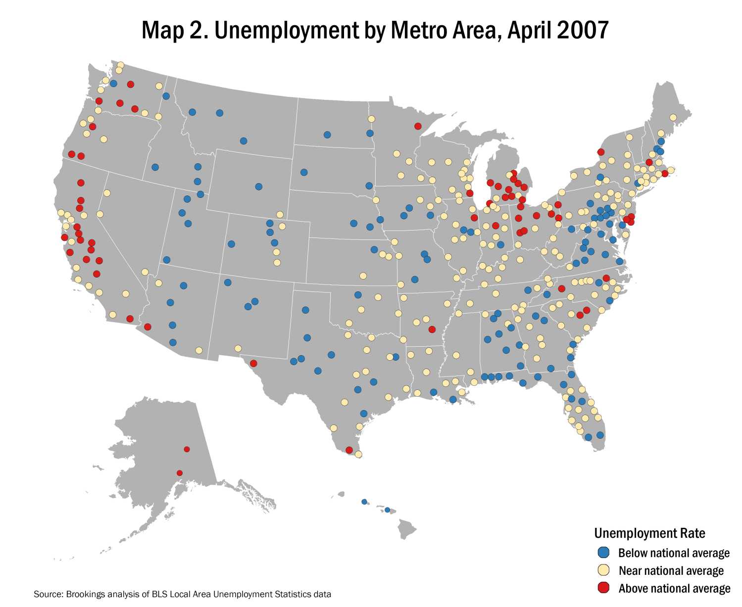 Map of unemployment by metro area, April 2007