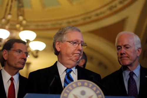 Senate Majority Leader Senator Mitch McConnell (R-KY) attends a news conference following party policy lunch meeting at the U.S. Capitol.