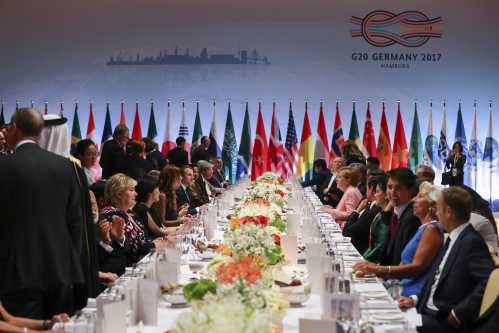 Delegates attend the official dinner at the Elbphilharmonie Concert Hall during the G20 summit in Hamburg, Germany July 7, 2017. REUTERS/Kay Nietfeld,Pool - RTX3AK7I