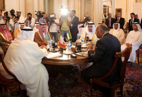 Saudi Foreign Minister Adel al-Jubeir (2-L), UAE Foreign Minister Abdullah bin Zayed al-Nahyan (2-R), Egyptian Foreign Minister Sameh Shoukry (R), and Bahraini Foreign Minister Khalid bin Ahmed al-Khalifa (L) meet to discuss the diplomatic situation with Qatar, in Cairo, Egypt, July 5, 2017. The Foreign Ministers meetingis held after Qatar sent a formal letter of response to the 13-points list of demands to the emir of Kuwait, the main mediator in the Gulf crisis, in response to diplomatic and economic sanctions from Saudi Arabia and its allies, Egypt, the United Arab Emirates (UAE) and Bahrain on allegations that Qatar is funding extremism. REUTERS/Khaled Elfiqi/Pool - RTX3A58J