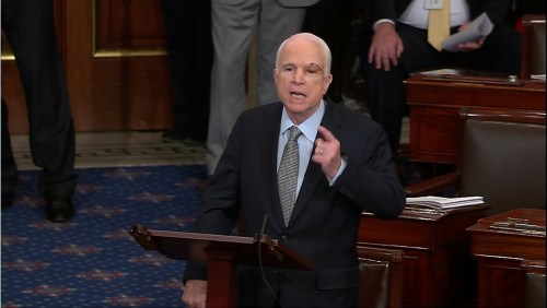 A still image from video shows U.S. Senator John McCain (R-AZ), who had been recuperating in Arizona after being diagnosed with brain cancer, speaking on the floor of the U.S. Senate after returning to Washington for a vote on healthcare reform in Washington, U.S., July 25, 2017. SENATE TV/Handout via REUTERS - RTX3CVPP