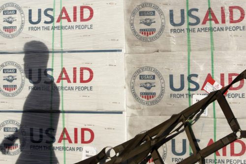 Boxes of relief items from USAID arrive for victims of super typhoon Haiyan, in Manila