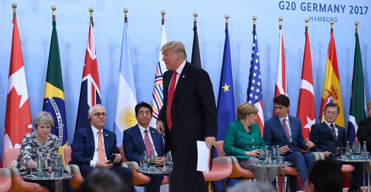 US President Donald Trump prepares to give a speech during 2017 G20 meeting in Hamburg.