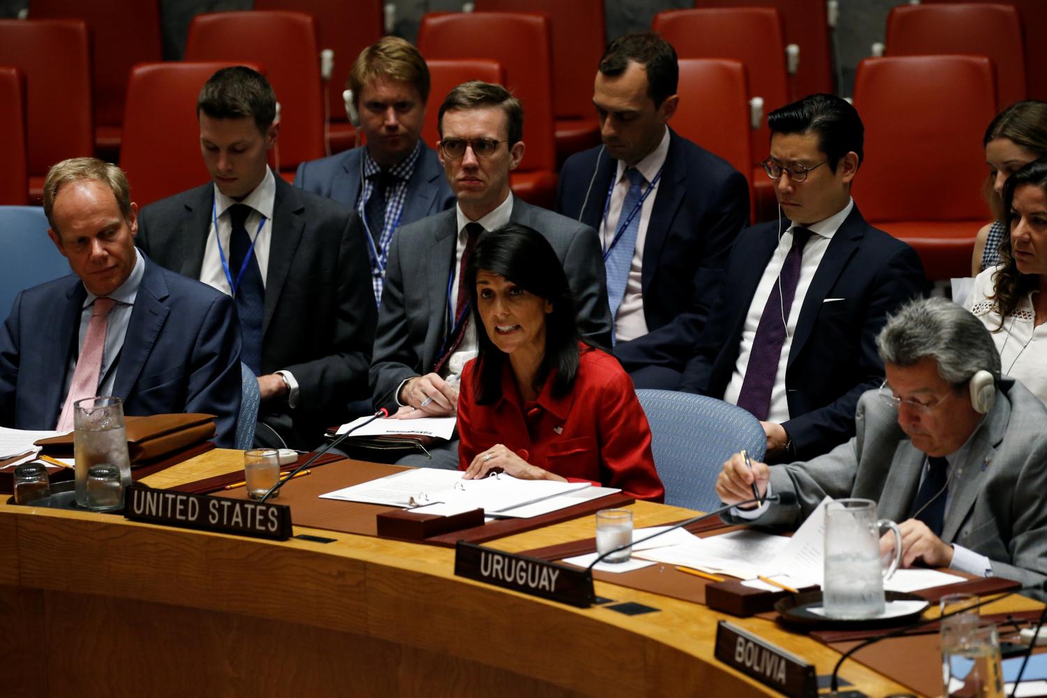 U.S. Ambassador Nikki Haley addresses the U.N. Security Council as it meets to discuss the recent ballistic missile launch by North Korea.