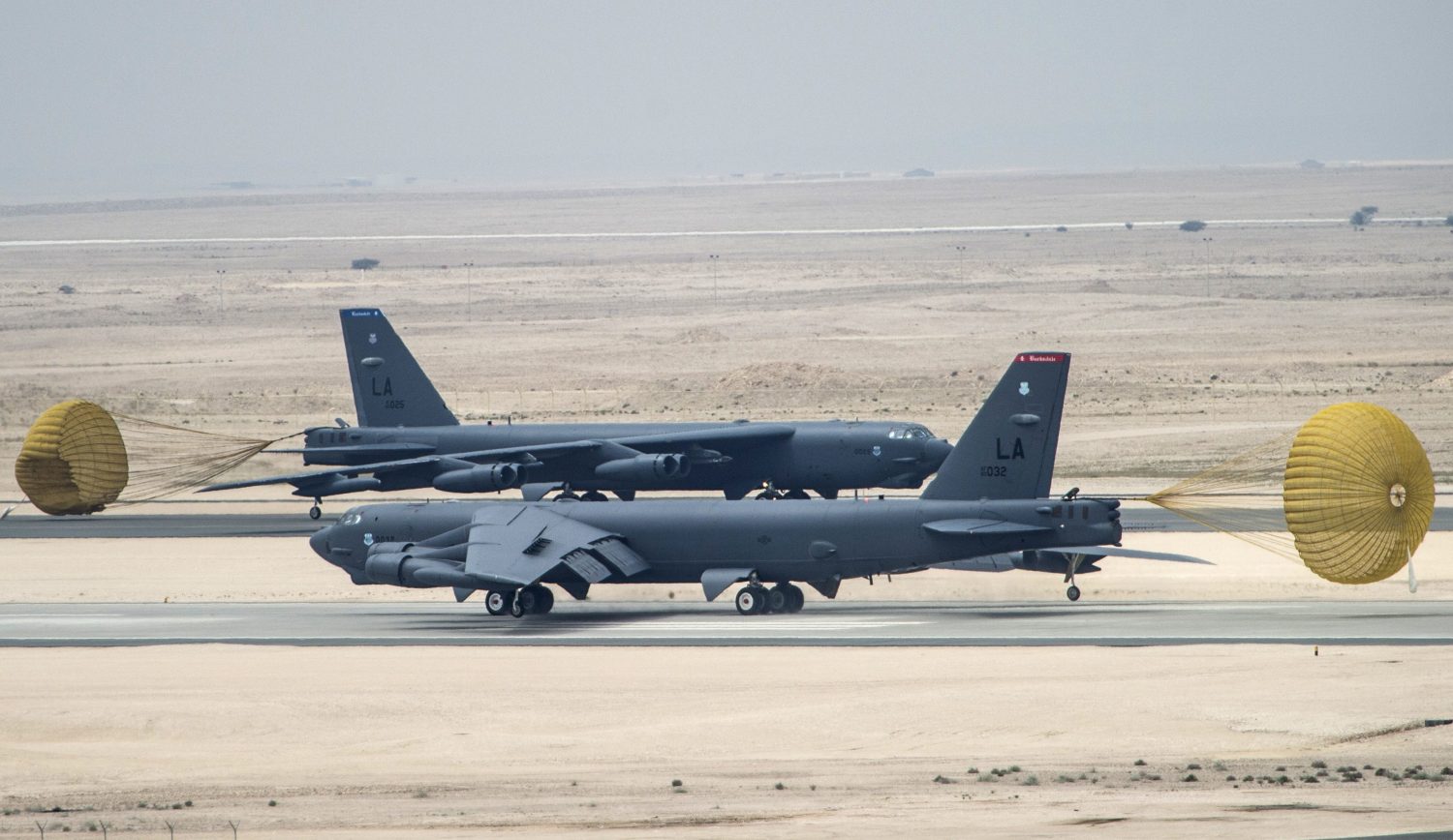 A pair of U.S. Air Force B-52 Stratofortress bombers from Barksdale Air Force Base, Louisiana, taxi after landing at Al Udeid Air Base, Qatar, April 9, 2016. The U.S. Air Force deployed B-52 bombers to Qatar on Saturday to join the fight against Islamic State in Iraq and Syria, the first time they have been based in the Middle East since the end of the Gulf War in 1991. REUTERS/U.S. Air Force/Staff Sgt. Corey Hook/Handout via Reuters THIS IMAGE HAS BEEN SUPPLIED BY A THIRD PARTY. IT IS DISTRIBUTED, EXACTLY AS RECEIVED BY REUTERS, AS A SERVICE TO CLIENTS. FOR EDITORIAL USE ONLY. NOT FOR SALE FOR MARKETING OR ADVERTISING CAMPAIGNS - RTX29786