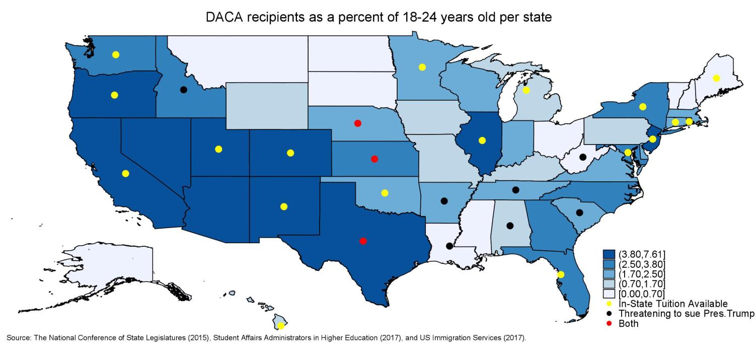 DACA recipients as a percent of 18-24 year olds per state