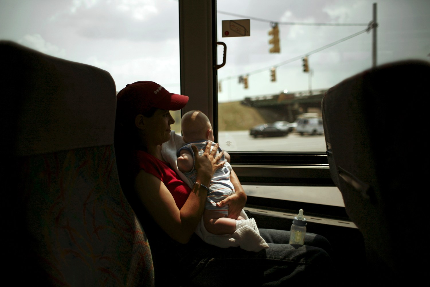 Angie Granpe and her son Eitan travel on a Greyhound bus in Montgomery, Alabama.