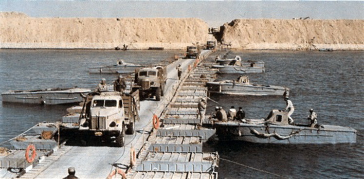 Egyptian vehicles crossing the Suez Canal on October 7, 1973, during the Yom Kippur War.