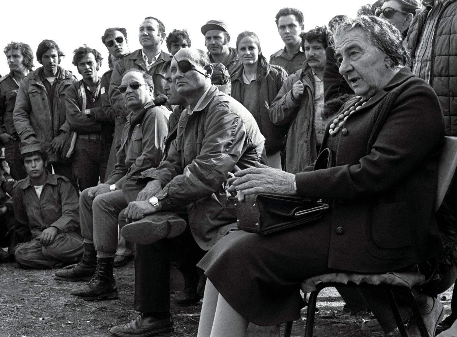 - FILE PHOTO 21NOV73 - Prime Minister Golda Meir (R) accompanied by her Defense Minister Moshe Dayan, meets with Israeli soldiers at a base on the Golan Heights after intense fighting during the 1973 Yom Kippur War.[ Israel was simultaneously attacked by Syria and Egypt on Yom Kippur, the Jewish Day of Atonement when all of Israel comes to a standstill, and was only able to defeat both countries when the United States provided an emergency major resupply of equipment. Israel suffered heavy causalities and many Israelis were angered at the country's unpreparedness. ] Israel celebrates its 50th Golden Jubilee anniversary on April 30, according to the Hebrew calendar. - RTXIE3D