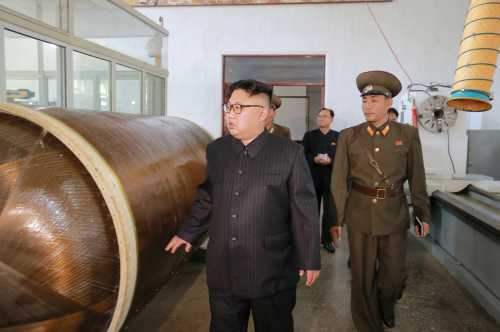 North Korean leader Kim Jong-Un looks on during a visit to the Chemical Material Institute of the Academy of Defense Science in this undated photo released by North Korea's Korean Central News Agency (KCNA) in Pyongyang on August 23, 2017. KCNA/via REUTERS ATTENTION EDITORS - THIS PICTURE WAS PROVIDED BY A THIRD PARTY. REUTERS IS UNABLE TO INDEPENDENTLY VERIFY THE AUTHENTICITY, CONTENT, LOCATION OR DATE OF THIS IMAGE. FOR EDITORIAL USE ONLY. NOT FOR SALE FOR MARKETING OR ADVERTISING CAMPAIGNS. NO THIRD PARTY SALES. NOT FOR USE BY REUTERS THIRD PARTY DISTRIBUTORS. SOUTH KOREA OUT. NO COMMERCIAL OR EDITORIAL SALES IN SOUTH KOREA. THIS PICTURE IS DISTRIBUTED EXACTLY AS RECEIVED BY REUTERS, AS A SERVICE TO CLIENTS. - RTS1D447