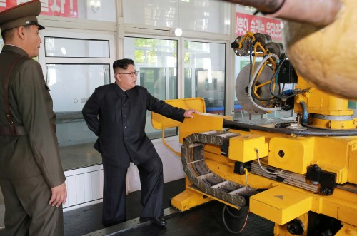 North Korean leader Kim Jong-Un looks on during a visit to the Chemical Material Institute of the Academy of Defense Science in this undated photo released by North Korea's Korean Central News Agency (KCNA) in Pyongyang on August 23, 2017. KCNA/via REUTERS ATTENTION EDITORS - THIS PICTURE WAS PROVIDED BY A THIRD PARTY. REUTERS IS UNABLE TO INDEPENDENTLY VERIFY THE AUTHENTICITY, CONTENT, LOCATION OR DATE OF THIS IMAGE. FOR EDITORIAL USE ONLY. NOT FOR SALE FOR MARKETING OR ADVERTISING CAMPAIGNS. NO THIRD PARTY SALES. NOT FOR USE BY REUTERS THIRD PARTY DISTRIBUTORS. SOUTH KOREA OUT. NO COMMERCIAL OR EDITORIAL SALES IN SOUTH KOREA. THIS PICTURE IS DISTRIBUTED EXACTLY AS RECEIVED BY REUTERS, AS A SERVICE TO CLIENTS. - RTS1D44E