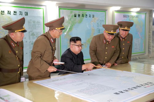 North Korean leader Kim Jong Un inspected the Command of the Strategic Force of the Korean People's Army (KPA) in an unknown location in North Korea in this undated photo released by North Korea's Korean Central News Agency (KCNA) on August 15, 2017. KCNA/via REUTERS REUTERS ATTENTION EDITORS - THIS PICTURE WAS PROVIDED BY A THIRD PARTY. NO THIRD PARTY SALES. SOUTH KOREA OUT. NO COMMERCIAL OR EDITORIAL SALES IN SOUTH KOREA. - RTS1BUH5