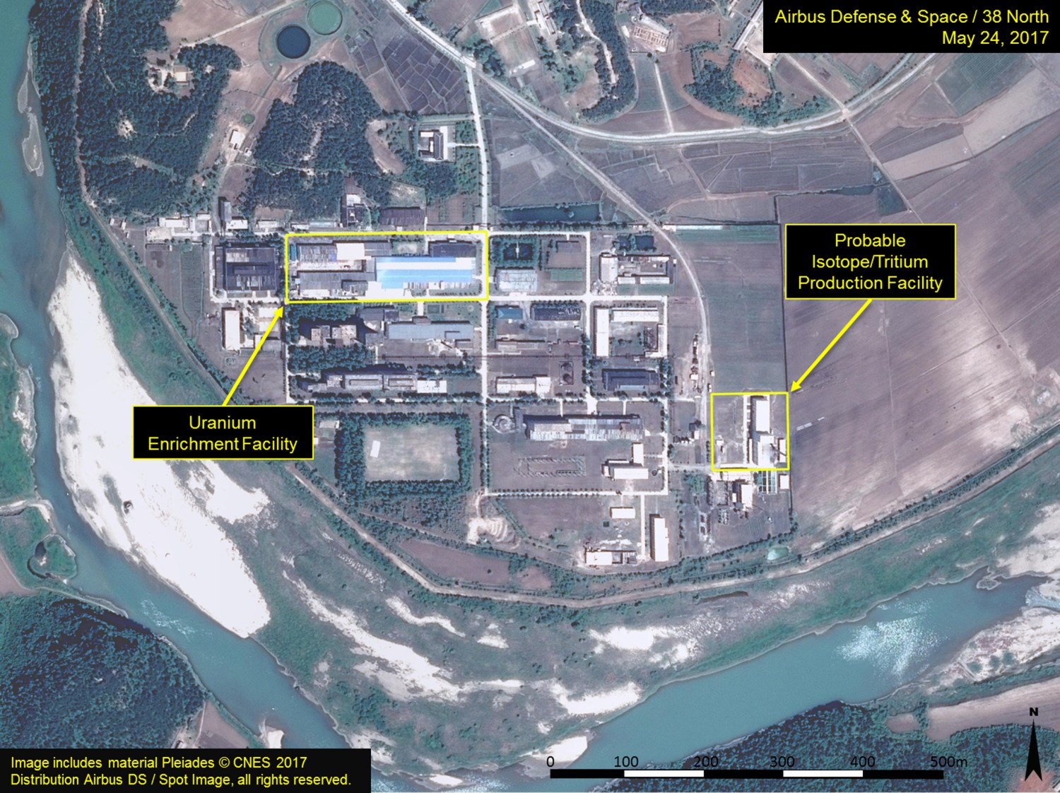 A satellite image of the radiochemical laboratory at the Yongbyon nuclear plant in North Korea by Airbus Defense & Space and 38 North released on July 14, 2017. Includes material Pleiades © CNES 2017 Distribution Airbus DS / Spot Image, all rights reserved. Courtesy Airbus Defense & Space and 38 North/Handout via REUTERS ATTENTION EDITORS - THIS IMAGE WAS PROVIDED BY A THIRD PARTY. MANDATORY CREDIT. NO RESALES. NO ARCHIVES - RTX3BHJ9