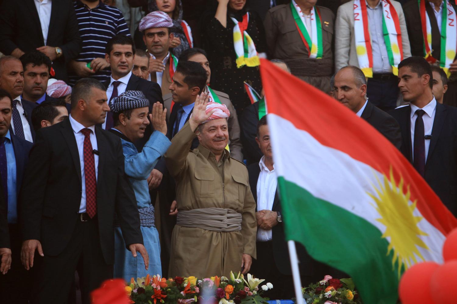 Iraqi Kurdish President Masoud Barzani salutes the crowd while attending a rally to show their support for the upcoming September 25th independence referendum in Duhuk, Iraq September 16, 2017.
