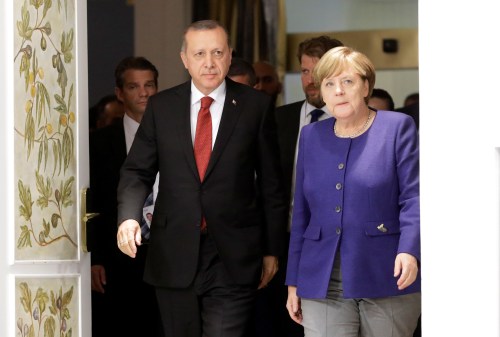 German Chancellor Angela Merkel meets Turkish President Recep Tayyip Erdogan on the eve of the G-20 summit in Hamburg, Germany, July 6, 2017. REUTERS/Matthias Schrader,POOL - RC1F84A0CCF0