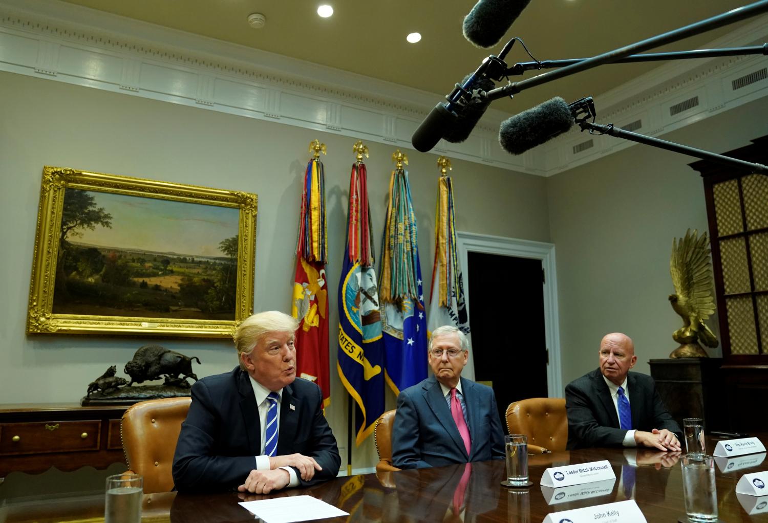 U.S. President Donald Trump speaks as Senate Majority Leader Mitch McConnell (R-KY) and Chairman of the House Ways and Means Committee Kevin Brady (R-TX) listen during a meeting Republican Congressional leaders.