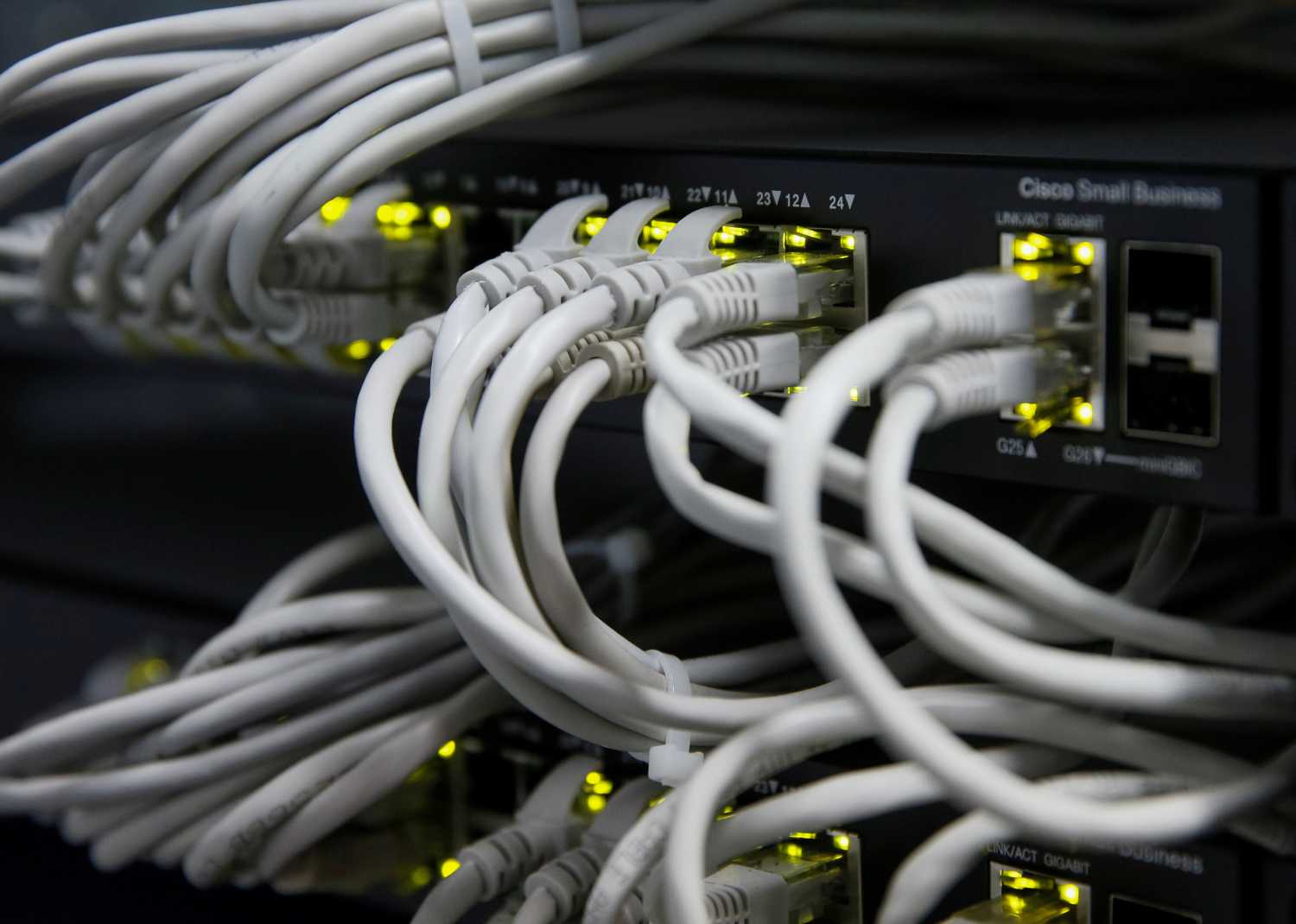 Ethernet cables used for internet connection are seen at the headquarters of the Wnet internet service provider in Kiev