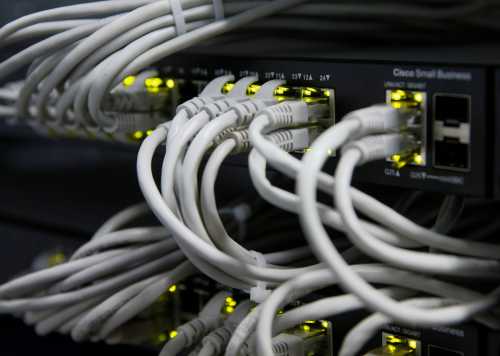 Ethernet cables used for internet connection are seen at the headquarters of the Wnet internet service provider in Kiev