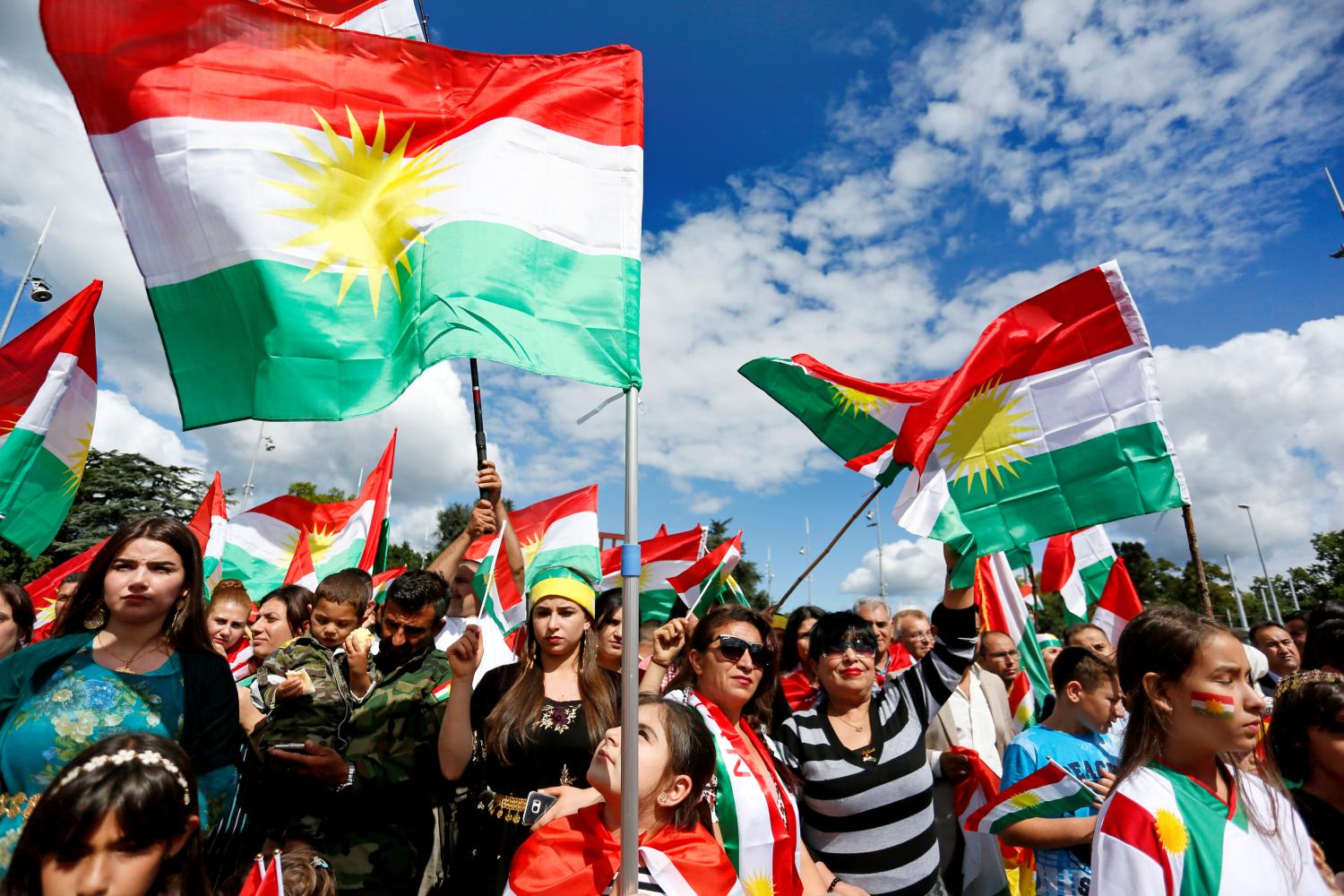 People attend a demonstration in support of the referendum for independence of Kurdish Iraq in front of the Palais des Nations in Geneva, Switzerland September 10, 2017.