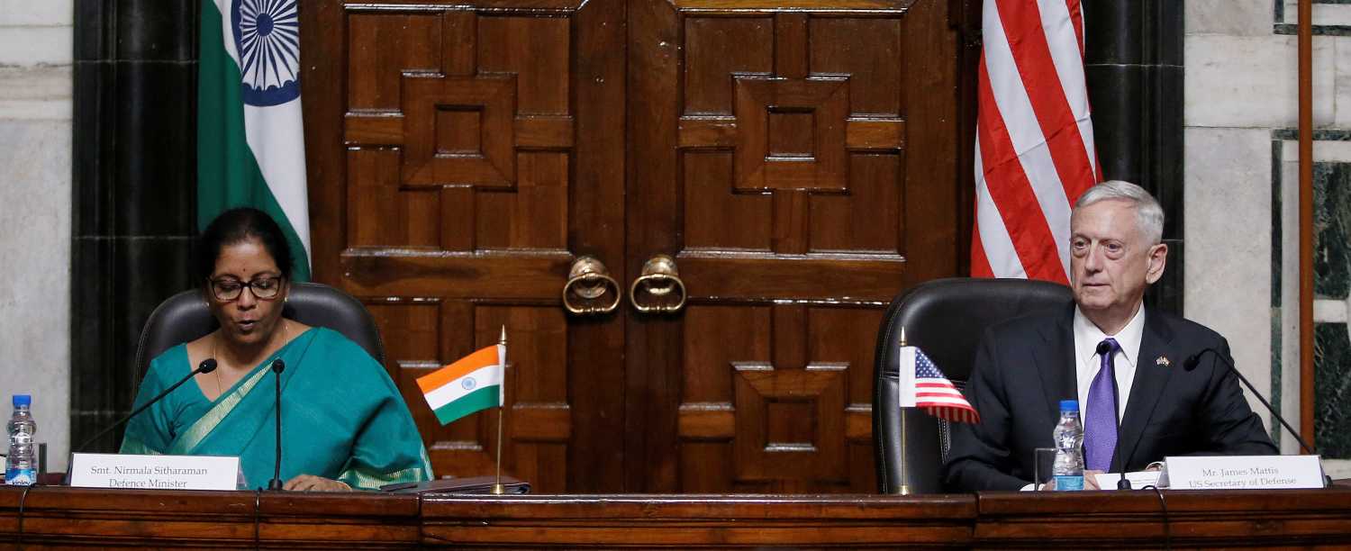 India's Defence Minister Nirmala Sitharaman (L) speaks as U.S. Defense Secretary Jim Mattis looks on during a joint news conference in New Delhi, India September 26, 2017. REUTERS/Adnan Abidi - RC1A247B5D40