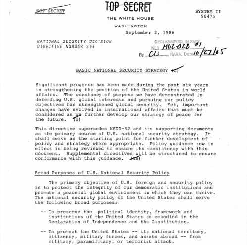 Photo of NSDD 238, a national security strategy in the Reagan administration