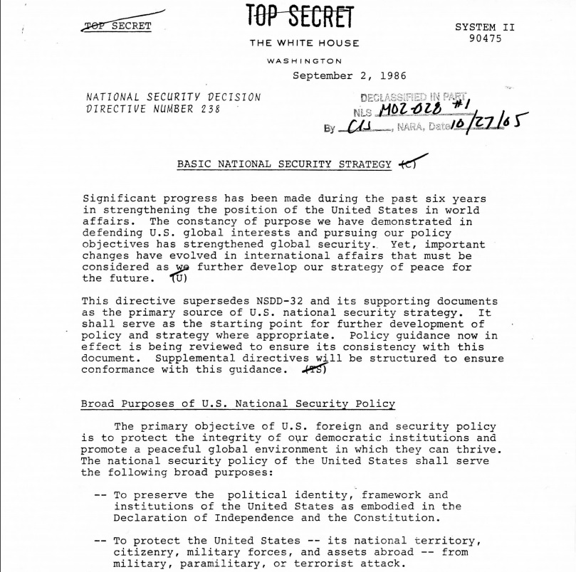 Photo of NSDD 238, a national security strategy in the Reagan administration