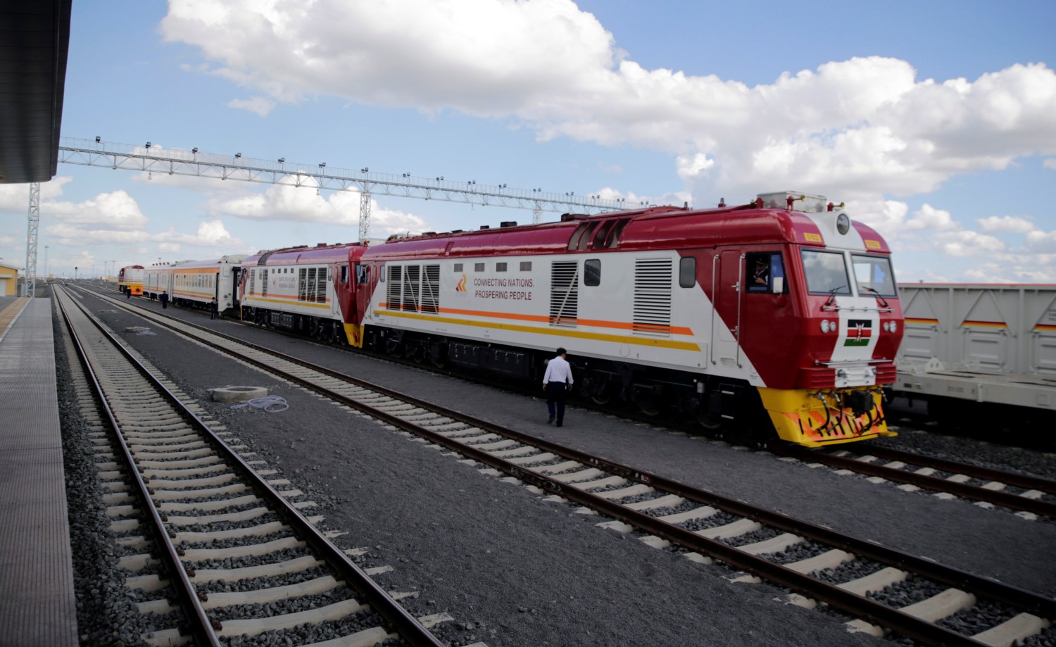 A train launched to operate on the Standard Gauge Railway (SGR) line constructed by the China Road and Bridge Corporation (CRBC) and financed by Chinese government arrives at the Nairobi Terminus on the outskirts of Kenya's capital Nairobi May 31, 2017.