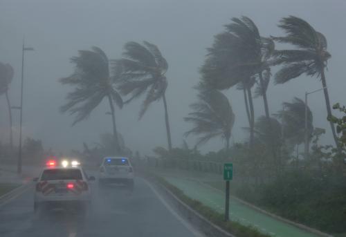 Police patrol the area as Hurricane Irma slams across islands in the northern Caribbean in San Juan, Puerto Rico September 6, 2017.