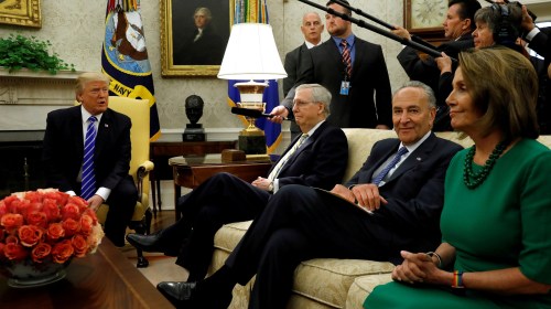 U.S. President Donald Trump meets with Senate Majority Leader Mitch McConnell (2nd L), Senate Democratic Leader Chuck Schumer (2nd R), House Minority Leader Nancy Pelosi (R) and other congressional leaders in the Oval Office of the White House in Washington, U.S., September 6, 2017. REUTERS/Kevin Lamarque TPX IMAGES OF THE DAY - RC1AD82E6200