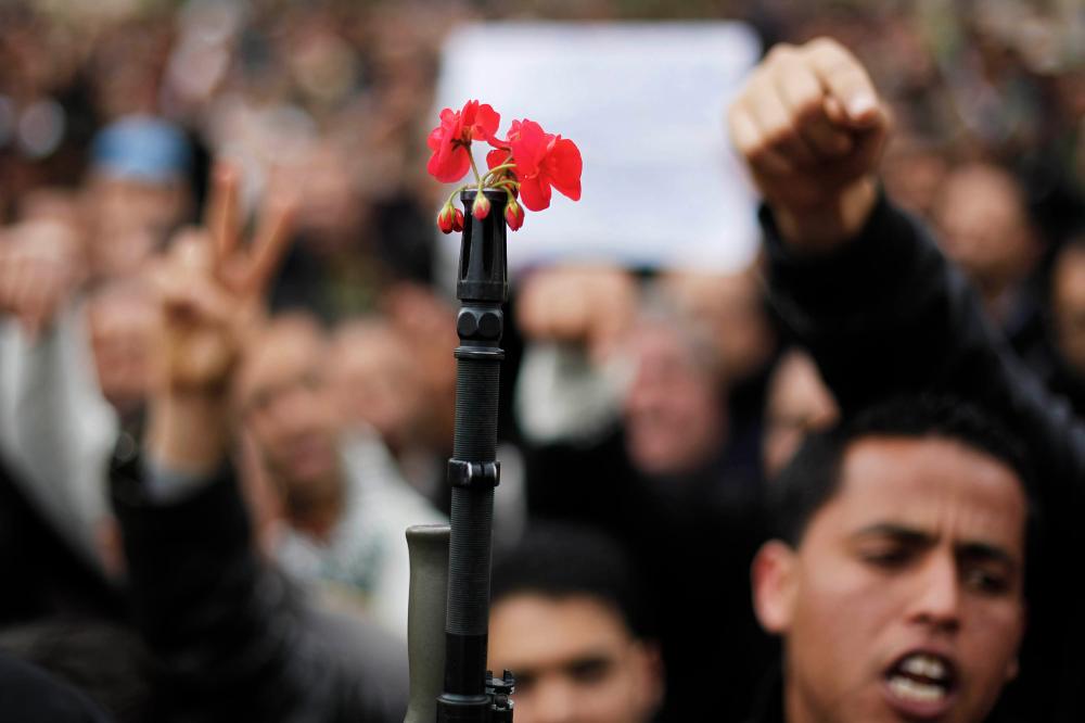A soldier stands with flowers in the barrel of his gun in front of the headquarters of the Constitutional Democratic Rally (RCD) party of ousted president Zine al-Abidine Ben Ali during a demonstration in downtown Tunis, January 20, 2011. Tunisian police fired shots into the air on Thursday to try to disperse hundreds of protesters demanding that ministers associated with the rule of ousted president Zine al-Abidine Ben Ali leave the government. The protesters, who had gathered outside the central Tunis headquarters of the RCD, Tunisia's ruling party for several decades, refused to move back when the police fired shots from behind a metal fence. REUTERS/ Finbarr O'Reilly (TUNISIA - Tags: CIVIL UNREST POLITICS) - GM1E71K1QVN01