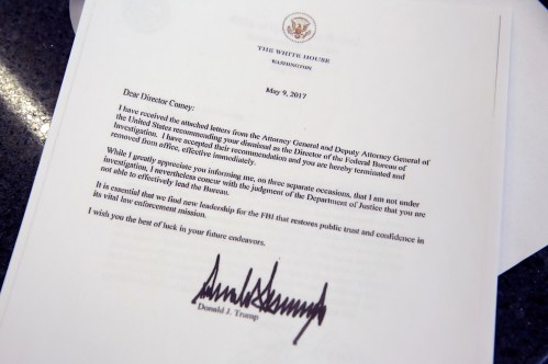 This picture shows a copy of the letter by U.S. President Donald Trump firing Director of the FBI James Comey at the White House in Washington, U.S., May 9, 2017. REUTERS/Joshua Roberts