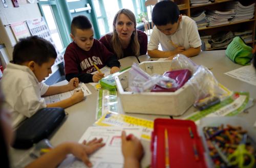 Teacher Audrey Benes speaks to her kindergarten class at Walsh Elementary School in Chicago, Illinois