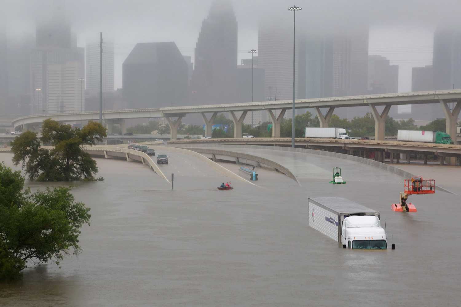 Interstate highway 45 is submerged from the effects of Hurricane Harvey seen during widespread flooding in Houston, Texas.