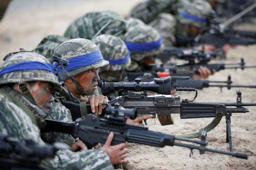 South Korean marines take part in a U.S.-South Korea joint landing operation drill as a part of the two countries' annual military training called Foal Eagle.