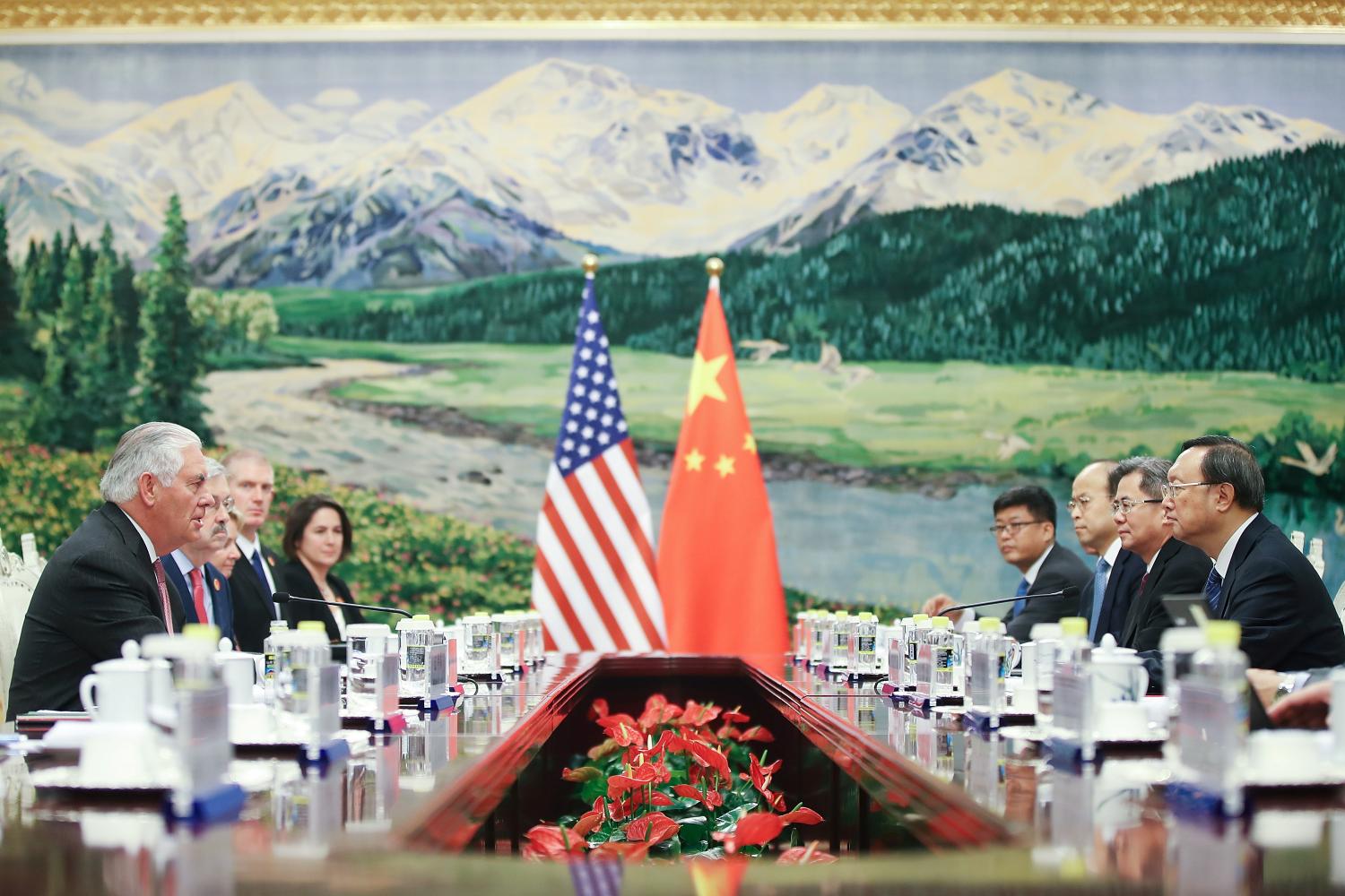 U.S. Secretary of State Rex Tillerson (L) meeting with Chinese State Councilor Yang Jiechi (R) at the Great Hall of the People on September 30, 2017 in Beijing, China. REUTERS/Lintao Zhang/Pool - RC1A93344F40