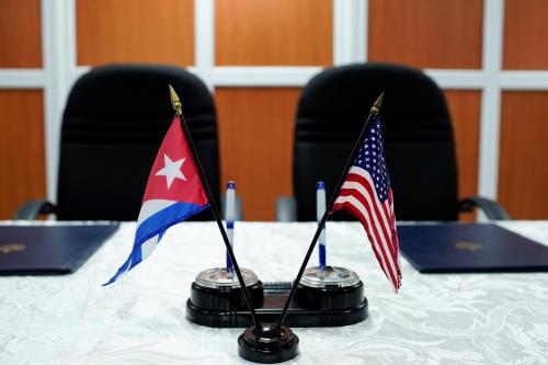 A view of the U.S. and Cuban flags prior to the signing of agreements between the Port of Cleveland and the Cuban Maritime authorities in Havana, Cuba, October 6, 2017. REUTERS/Alexandre Meneghini - RC1FB54A0A00