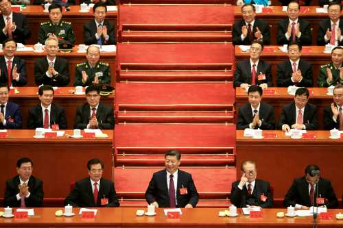 (Front row, L to R) Chairman of the Standing Committee of the National People's Congress (NPC) Zhang Dejiang, former Chinese President Hu Jintao, Chinese President Xi Jinping, former President Jiang Zemin, and Chinese Premier Li Keqiang, are seen during the opening of the 19th National Congress of the Communist Party of China at the Great Hall of the People in Beijing, China October 18, 2017. REUTERS/Aly Song TPX IMAGES OF THE DAY - RC1118B6E2F0