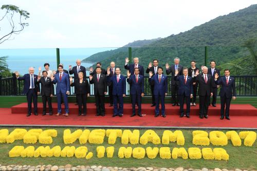 Leaders pose for a group photo at the APEC economic leaders meeting in Danang, Vietnam, November 11, 2017. (L-R): Australian Prime Minister Malcolm Turnbull; Brunei's Sultan Hassanal Bolkiah; Hong Kong Chief Executive Carrie Lam; Canadian Prime Minister Justin Trudeau; Peru's President Pedro Pablo Kuczynski; Chile's President Michelle Bachelet; Philippines President Rodrigo Duterte; China's President Xi Jinping; Russian President Vladimir Putin; Vietnamese President Tran Dai Quang; U.S. President Donald Trump; Indonesian President Joko Widodo; Thailand Prime Minister Prayuth Chan-ocha; Japanese Prime Minister Shinzo Abe; Singapore Prime Minister Lee Hsien Loong; South Korean President Moon Jae-in; New Zealand's Prime Minister Jacinda Ardern; Malaysia's Prime Minister Najib Razak; Taiwan's representative James Soong; Mexican President Enrique Pena Nieto. REUTERS/Hau Dinh/Pool - RC1B9B30FAF0