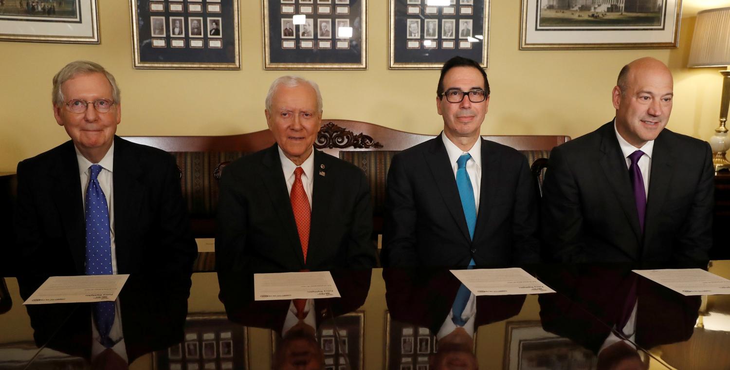 Senate Majority Leader Mitch McConnell, Sen. Orrin Hatch, Treasury Secretary Steve Mnuchin and Director of the National Economic Council Gary Cohn introduce the Republican tax reform plan at the U.S. Capitol in Washington, U.S.,