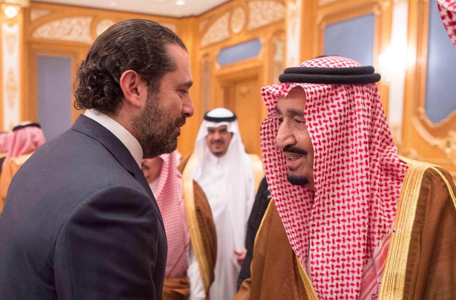 Lebanese Prime Minister Saad al-Hariri shakes hands with Saudi Arabia's King Salman in Riyadh, Saudi Arabia, November 11, 2017. Courtesy of Saudi Royal Court/Handout