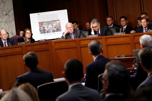 Facebook's Stretch, Twitter's Edgett, and Google's Salgado testify before a Senate Judiciary subcommittee hearing on alleged Russian interference in the 2016 U.S. elections, in Washington