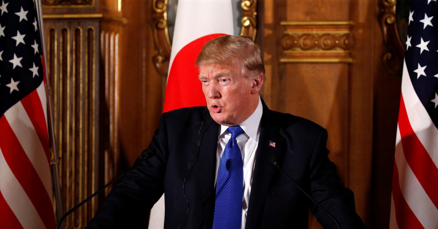 U.S. President Donald Trump speaks during a news conference with Japan's Prime Minister Shinzo Abe at Akasaka Palace in Tokyo, Japan, November 6, 2017. REUTERS/Jonathan Ernst - RC1221A31FF0