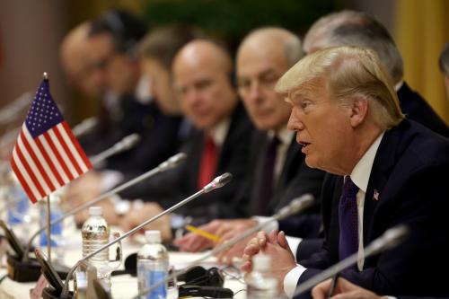 President Donald Trump, right, speaks in a bilateral meeting with Vietnamese President Tran Dai Quang (not in picture), at the Presidential Palace, Sunday Nov. 12, 2017, in Hanoi, Vietnam during his state visit to the country. REUTERS/Na Son Nguyen/Pool - RC177326C5D0