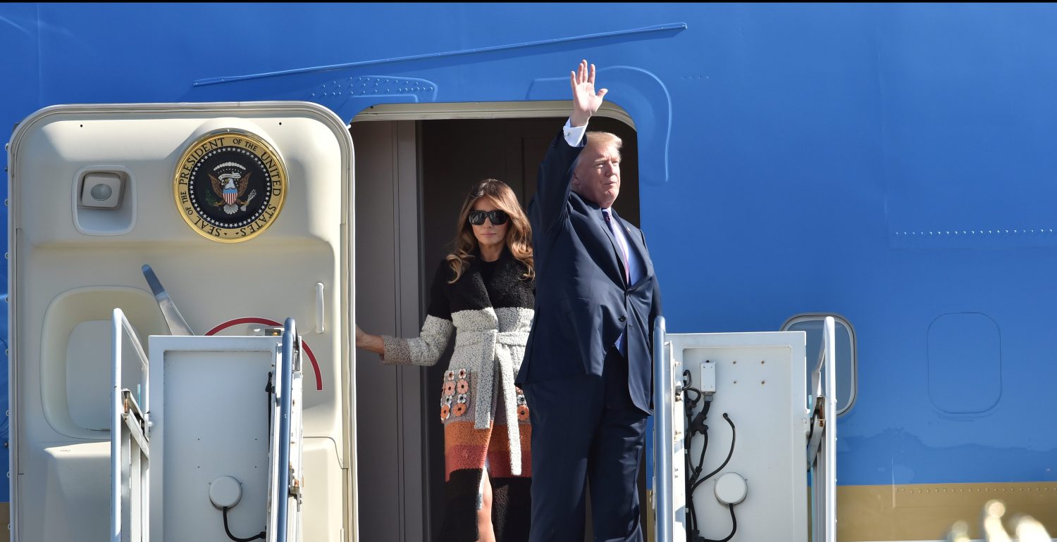 U.S. President Donald Trump (R) and his wife Melania (L) arrive at U.S. Air Force Yokota Air Base in Fussa, on the outskirts of Tokyo, Japan, November 5, 2017. REUTERS/Kazuhiro Nogi/Pool - RC13EB67D8C0